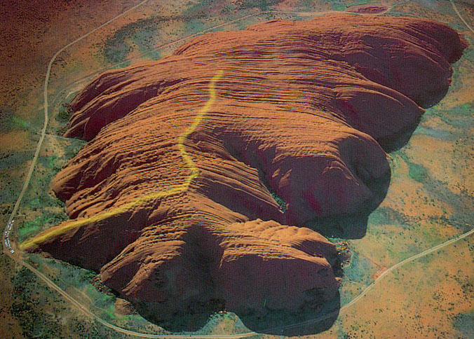 Arial view of Ayers Rock.  The climbing route to the top is highlighted.  Photo from the Internet.