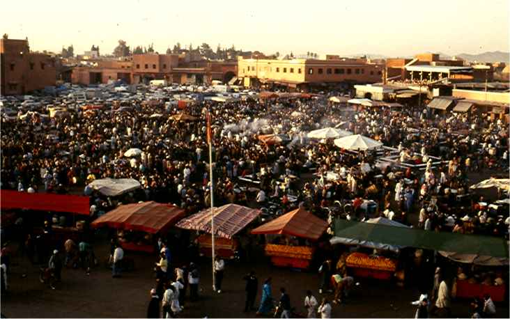 The Marrakech market starts to fill with vendors in the late afternoon.  From sunset to well into the evening it's bedlam.  Photo by FG.