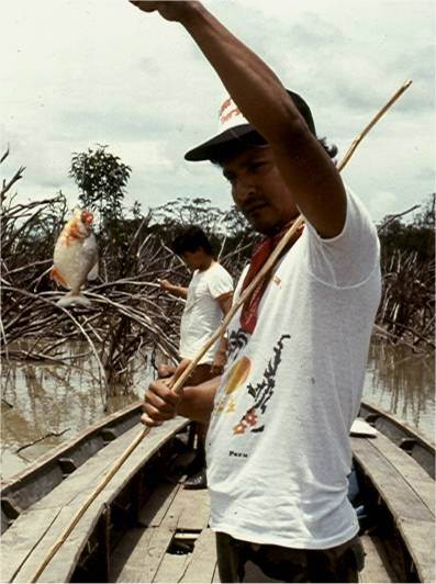 My guide holds up a piranha I caught.  Photo by FG.